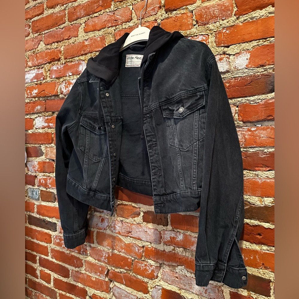 Free people black jean jacket with hood.  Size S.